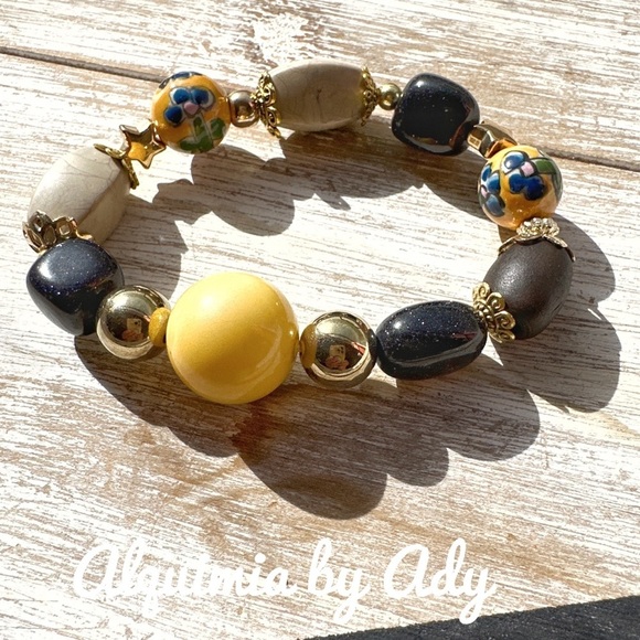 Sandstone gold hematite beaded bracelet chunky maximalism - Picture 1 of 5